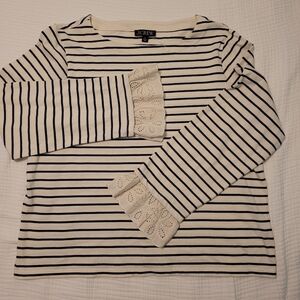 J CREW Navy and White Striped Top with Lace Accents